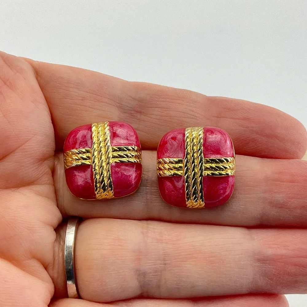 Vintage Pink Enamel Earrings, Mini Gift Box Stud Earrings, Pink & Gold
